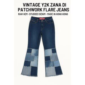 Y2K Zana Di Patchwork Flare Jeans Raw Hem Studded Skater Festival Hong Kong Sz 5